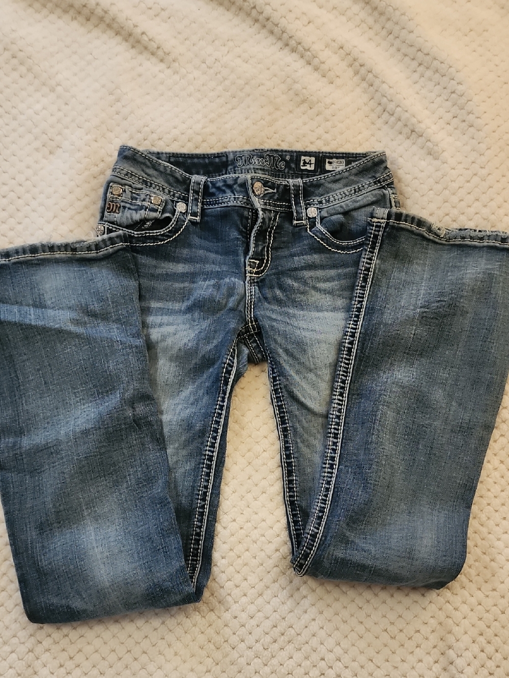 Miss Me Medium Wash Boot Cut Jeans with Contrast Stitching